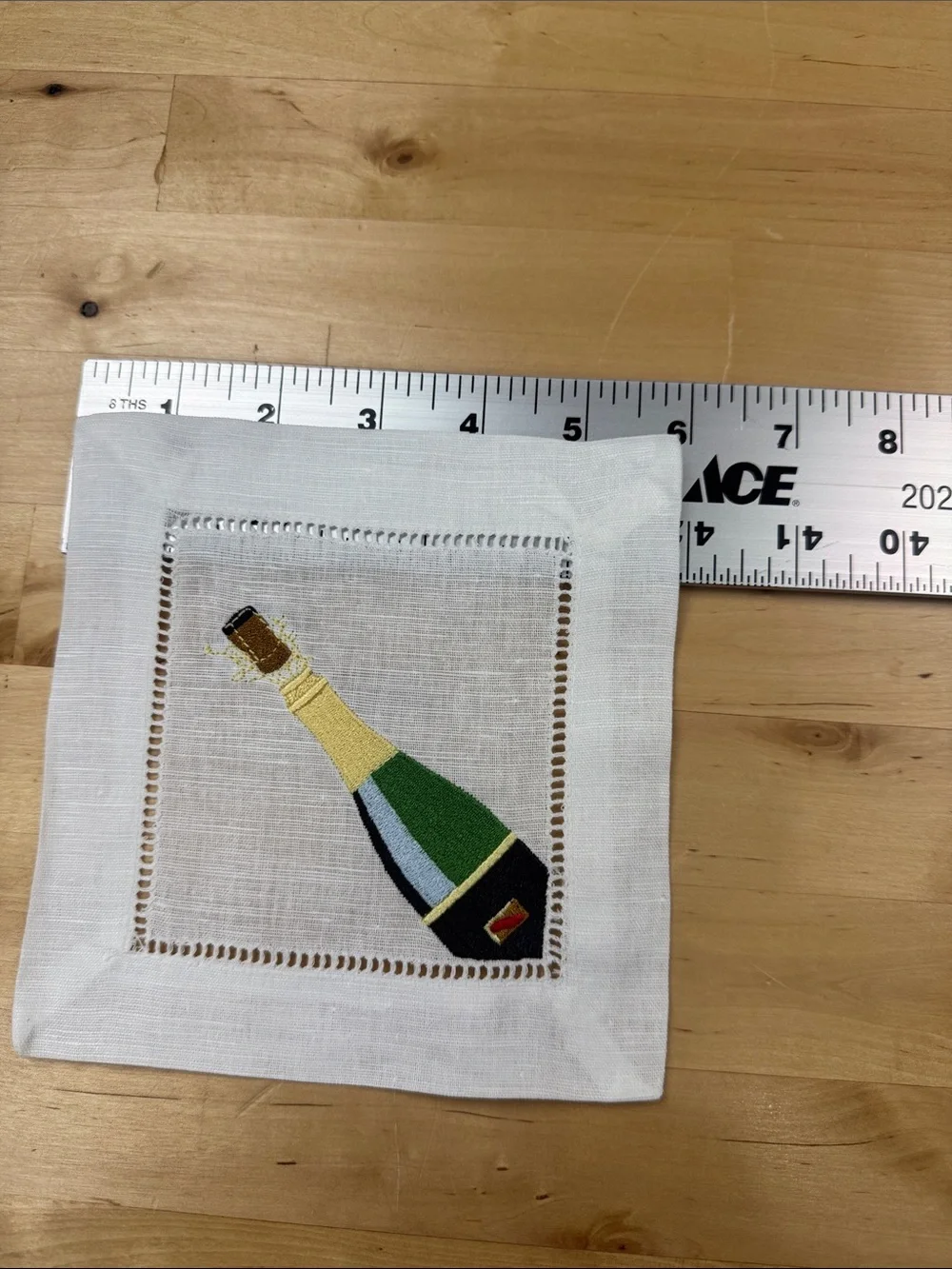 Champagne Bottle Embroidered Linen Cocktail Napkins - White/Green
